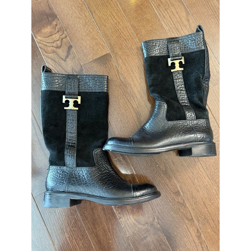 Tory Burch Corey Black Mid Calf Boots Size 7 Leather & Suede Riding Style